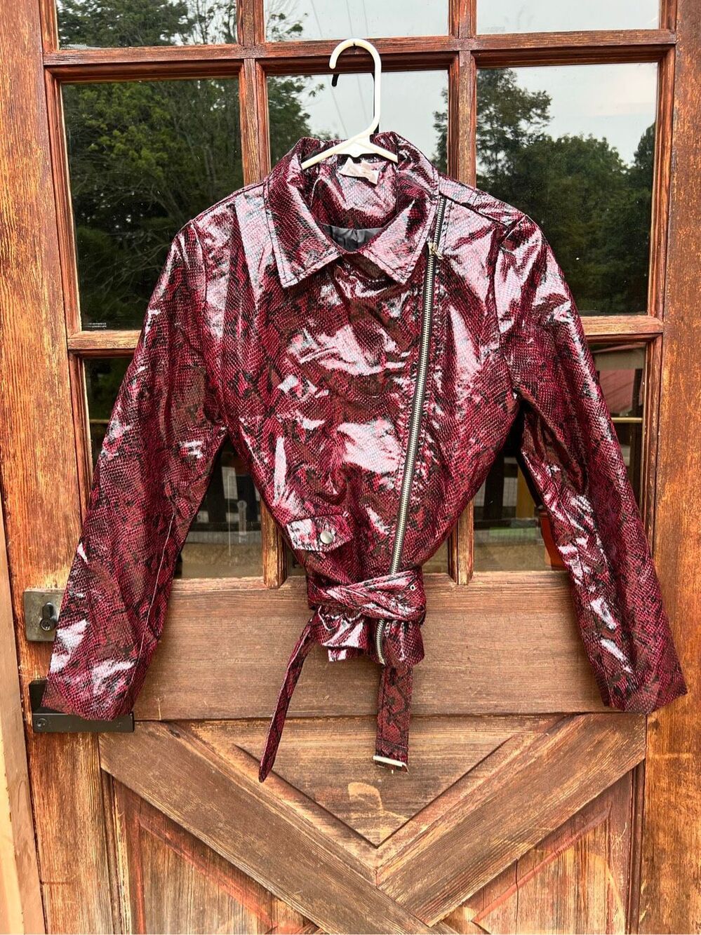 New Y2K 2000s style pleather snakeskin burgundy belted motorcycle jacket S nwot